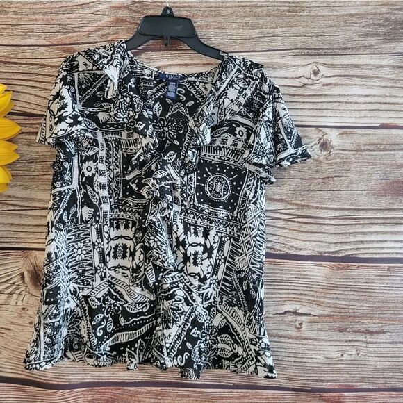 Chaps short Sleeve Blouse medium black/white v-neck Pre-owned - Picture 1 of 8